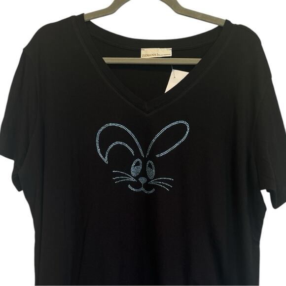 Rhinestone Cute Blue Easter Bunny T-Shirt Short Sleeve Black Tee NEW Sparkly! - Picture 2 of 4